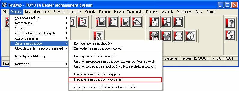 Ekran 50 Menu moduły z zaznaczoną pozycją Magazyn samochodów wydania. Możliwe jest również uruchomienie modułu za pomocą przycisku dostępu. z panelu szybkiego 5.1.