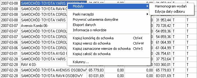 Ekran 54 Menu kontekstowe modułu Magazyn samochodów wydania. 5.3. Dodawanie nowego dokumentu wydania.