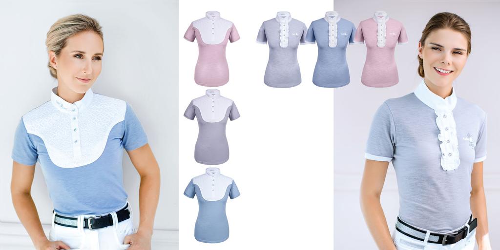 Art. 03200 KOSZULKA COMPETITION SHIRT NICOLE 2.0 Elegancka koszulka wykończona żabotem z koronki. Wykonana z wysokiej jakości dzianiny technicznej o srebrzystym połysku.