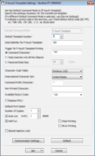 Zmiana ustawień urządzenia etykietującego P-touch Okno dialogowe ustawień P-touch Template 5 1 2 3 4 5 6 7 8 9 5 10 11 12 15 13 14 1 Default Command Mode (Domyślny tryb poleceń) Umożliwia wybranie