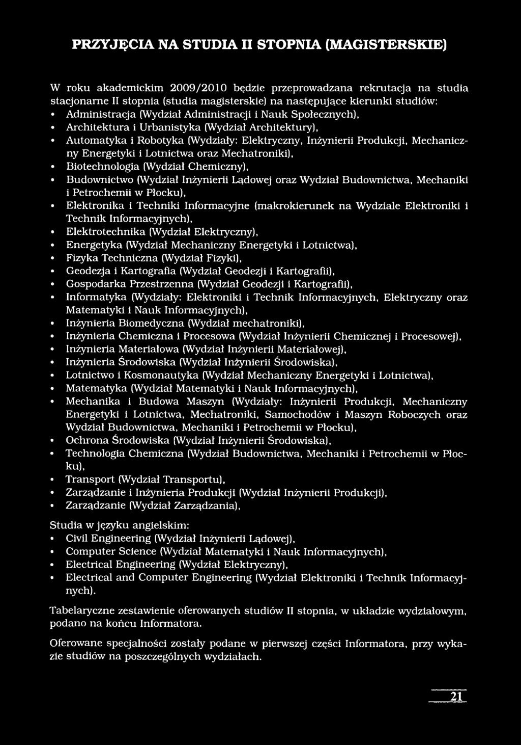 i Lotnictwa oraz Mechatroniki), Biotechnologia (Wydział Chemiczny), Budownictwo (Wydział Inżynierii Lądowej oraz Wydział Budownictwa, Mechaniki i Petrochemii w Płocku), Elektronika i Techniki