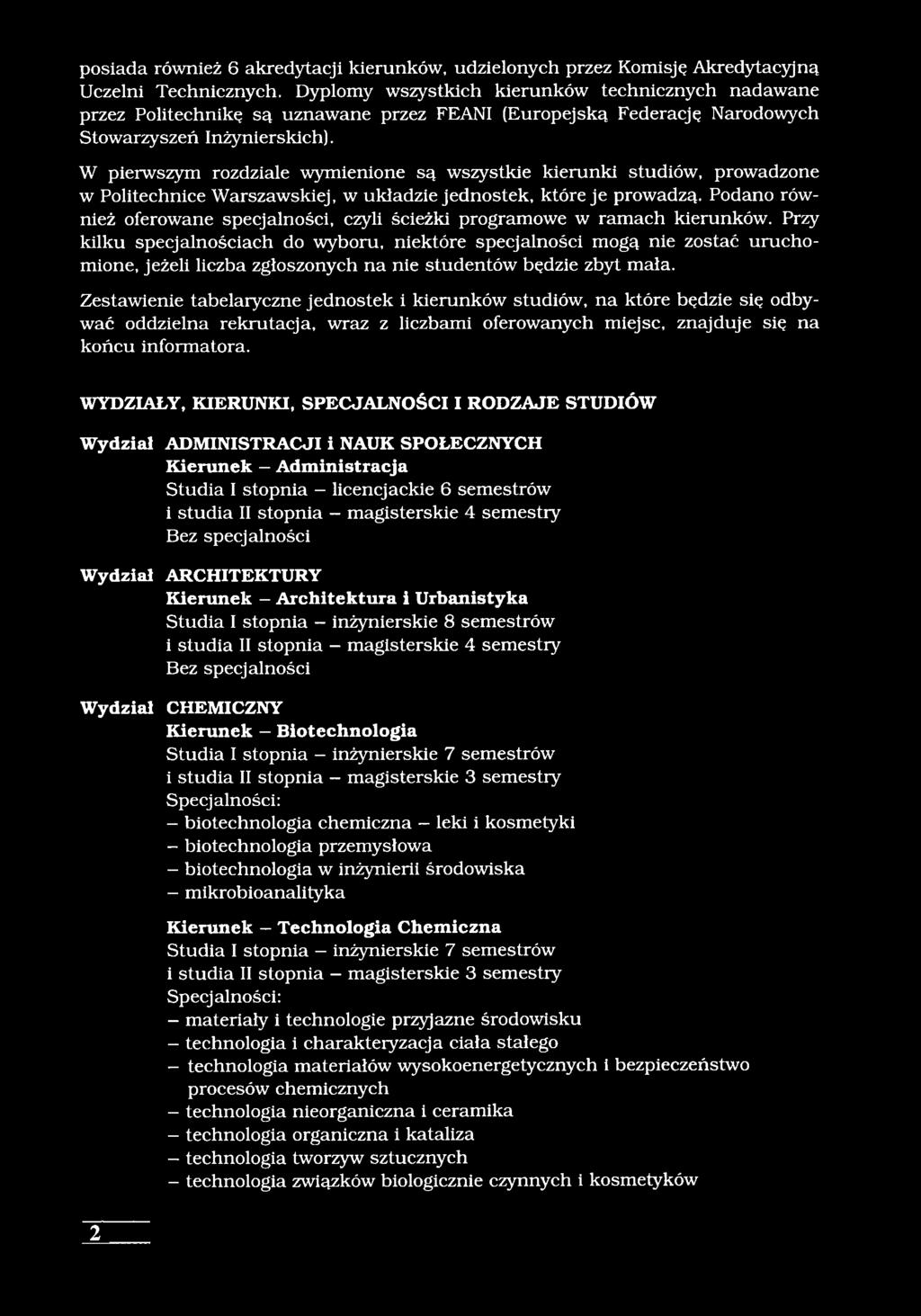 W pierwszym rozdziale wymienione są wszystkie kierunki studiów, prowadzone w Politechnice Warszawskiej, w układzie jednostek, które je prowadzą.