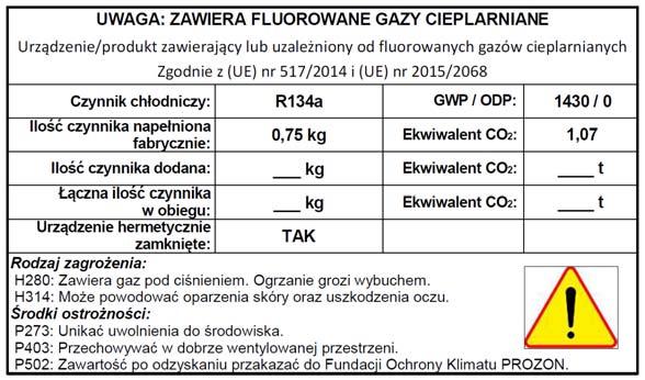 . TABLICZKA ZNAMIONOWA ORAZ ETYKIETA DOT. F-GAZÓW Dane dotyczące producenta Miejsce na oznaczenie wyrobu Nazwa i typ wyrobu Nr fabr.