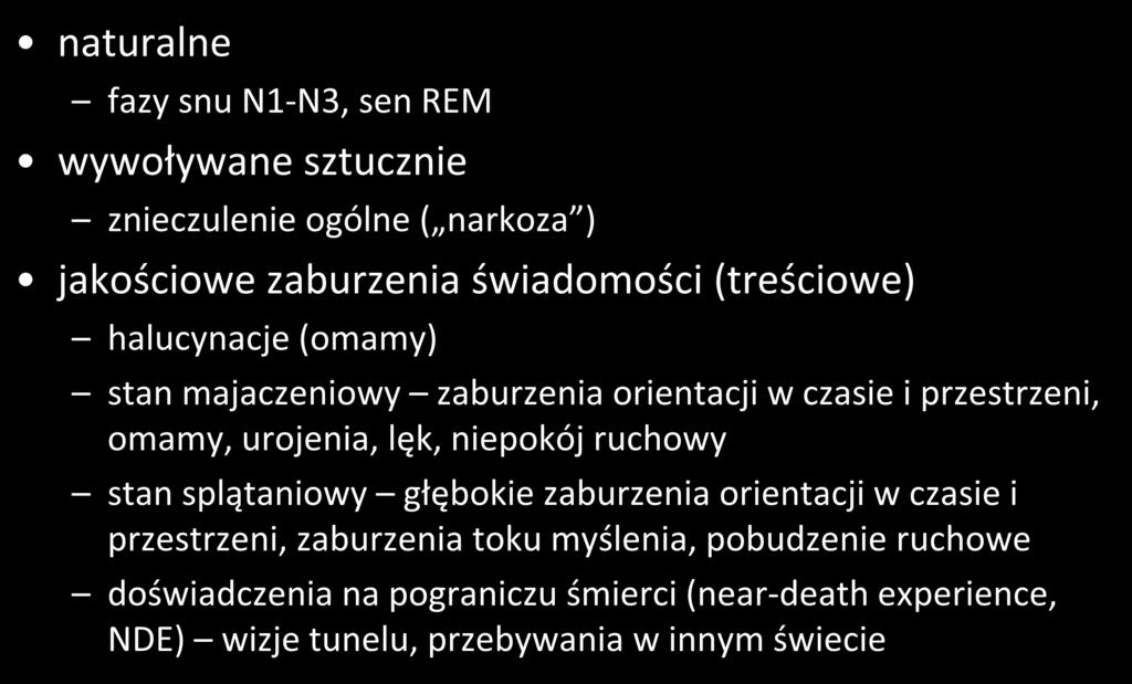 Zaburzenia świadomości naturalne fazy snu N1-N3, sen REM wywoływane sztucznie znieczulenie ogólne ( narkoza ) jakościowe zaburzenia świadomości (treściowe) halucynacje (omamy) stan majaczeniowy