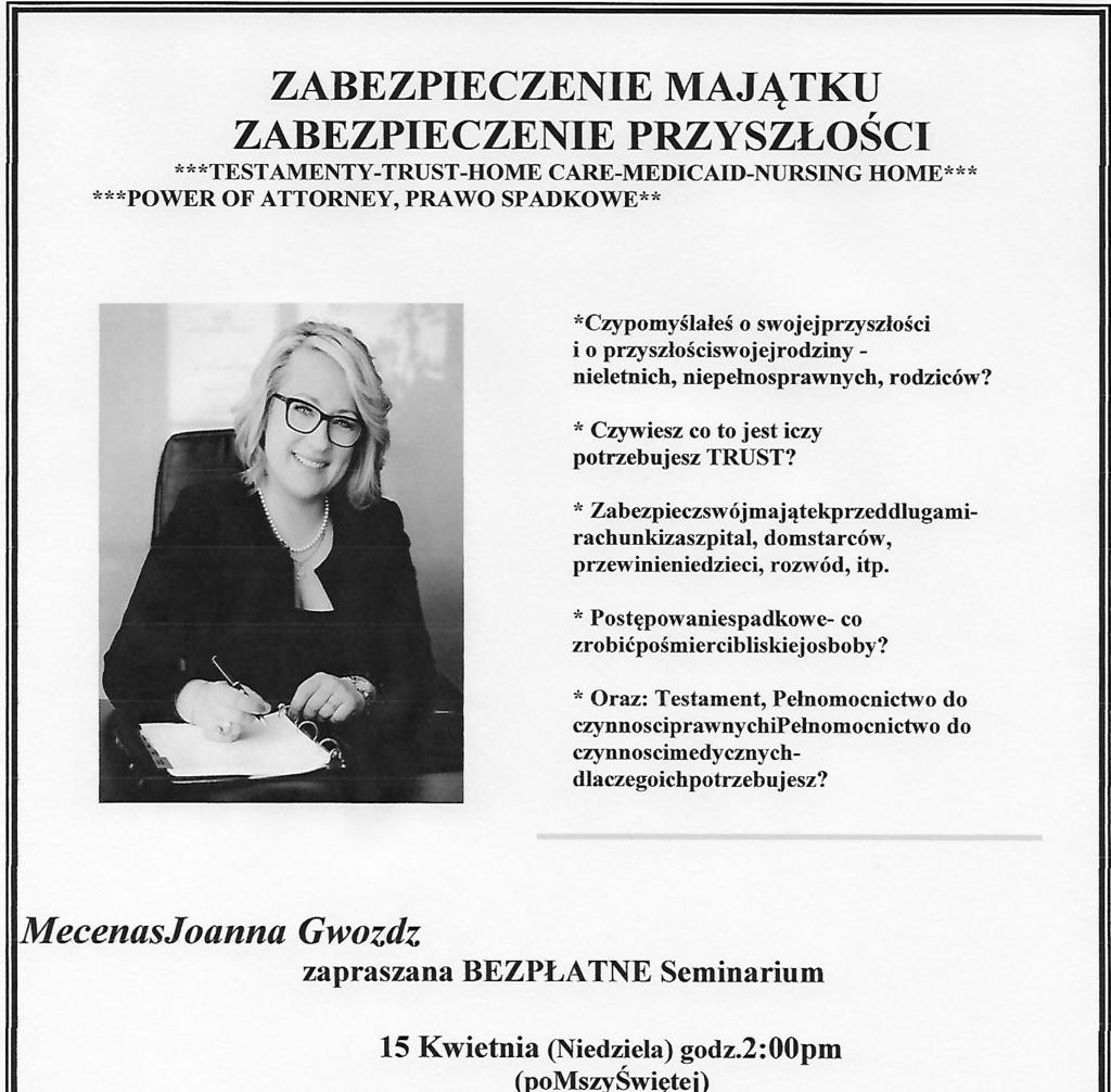 April 8, 2018 Page 7 WYCIECZKA DLA MŁODZIEŻY DO POLSKI TERMIN: 25.06-08.07.2018 CENA: 2300 USD Zgłoszenia przyjmuje: Agnieszka Pankowski 973-600-7065 agapankow@yahoo.
