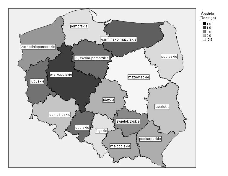 62 Bartłomiej Michalak Objaśnienie: skala wygenerowana w programie SPSS podaje wartości maksymalne progu dla danego przedziału, czyli średni rozstęp głosów nieważnych z badanych elekcji pomiędzy