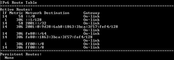 Tablica routingu IPv6 różni się nagłówkami kolumn i formatem, ponieważ adresy IPv6 są 128-bitowe w przeciwieństwie do jedynie 32-bitowych adresów IPv4.