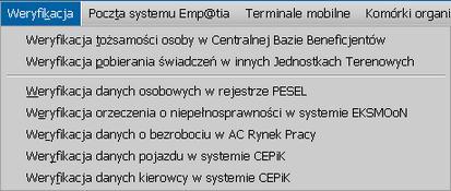 Weryfikacja informacji o beneficjencie Użytkownik ma możliwość weryfikacji informacji o beneficjentach, za pomocą komunikacji z: Centralną Bazą Beneficjentów systemu Emp@tia, w zakresie: o