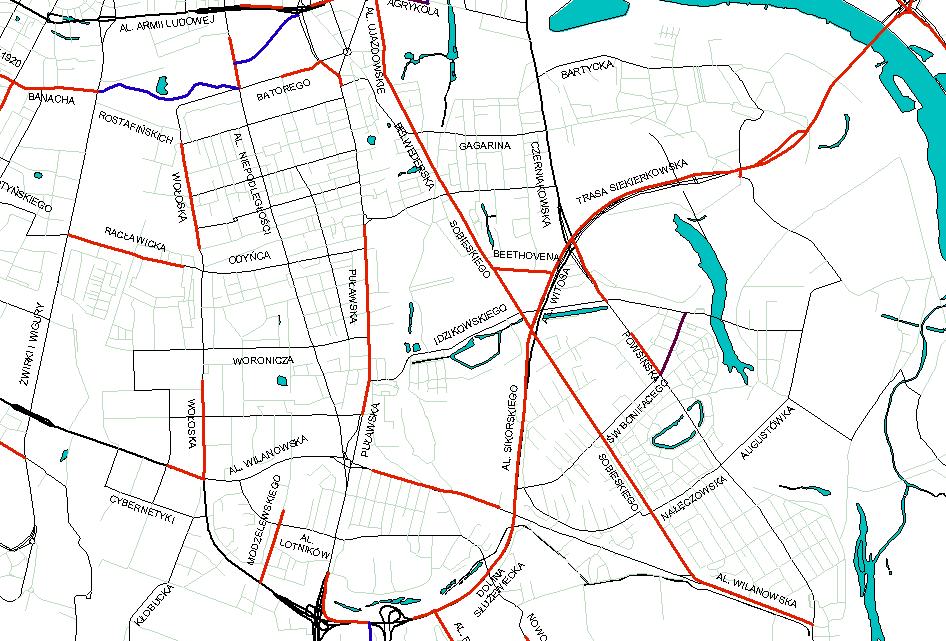 Rys. 5 Schemat układu dróg rowerowych w analizowanym obszarze. Źródło: Mapa dróg rowerowych wykonana przez ZDM.