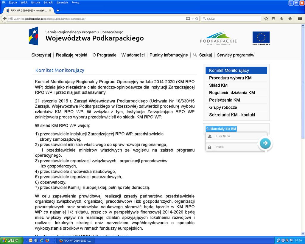 Strona internetowa Komitetu Monitorującego Materiały dla KM RPO WP