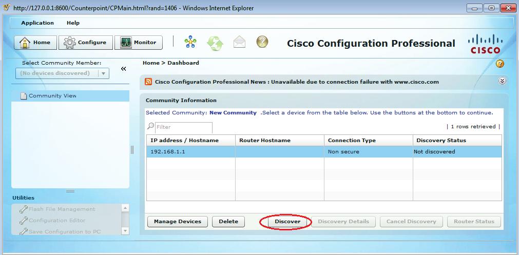 Jeżeli router jest skonfigurowany poprawnie pole Discovery Status zmieni się z Not discovered na Discovered a w kolumnie Router Hostname pojawi się nazwa R1.