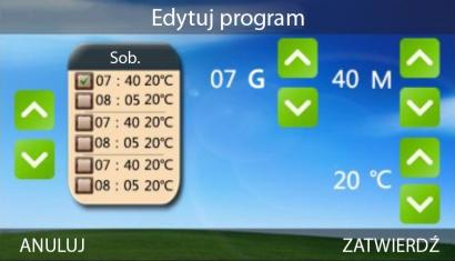 4 Ustawienia Podgląd programu i edycja Naciśnij USTAW, a następnie ustawionego programu grzewczego.