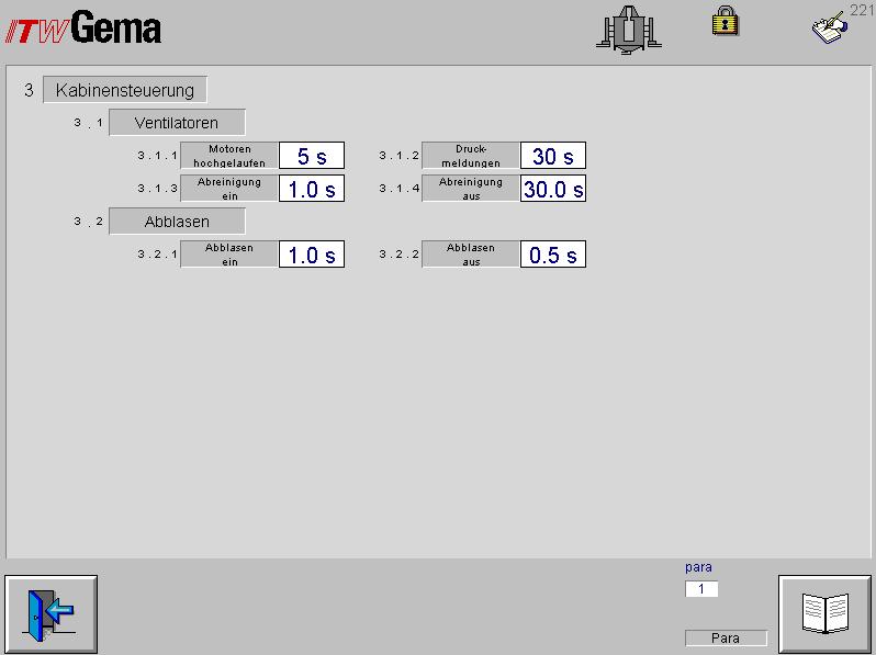Parametry kabiny Wcisnąć klucz Wyświetlana jest następująca strona: Parametry kabiny Wentylatory - Czas do uruchomienia silników i kabiny - Czas opóźnienia komunikatów wentylatorów - Czas impulsów