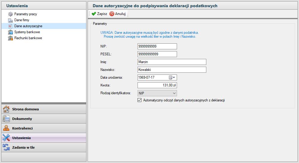 Sage Symfonia ERP Repozytorium Dokumentów Dane autoryzacyjne do podpisywania deklaracji Dodana została nowa grupa ustawień Dane autoryzacyjne umożliwiających zdefiniowane danych wykorzystywanych do