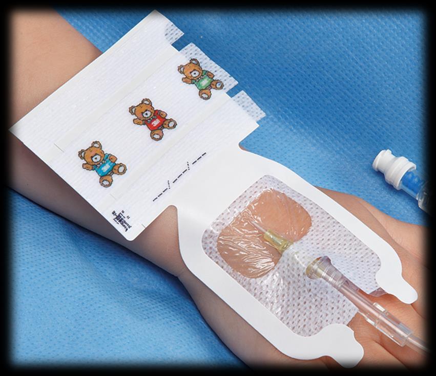 różnorodnej praktyce pediatrycznej. Folia powlekająca paski mocujące dla zapewnienia wodoodpornej sterylnej bariery przed zanieczyszczeniami z zewnątrz dla łatwiejszego usuwania opatrunku.
