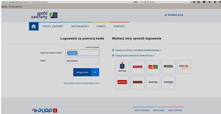 1. Po wciśnięciu przycisku Podpisz profilem epuap należy wprowadzić prawidłowy login i hasło do