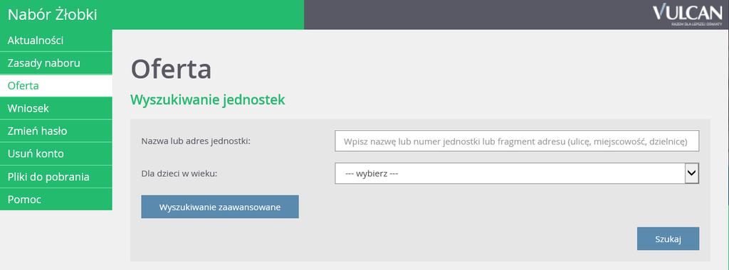 Przeglądanie oferty żłobków Przeglądanie oferty żłobków Oferta Oferta wszystkich jednostek biorących udział w elektronicznej rekrutacji jest dostępna po kliknięciu zakładki Oferta.