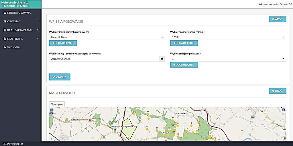 System w polu imię i nazwisko myśliwego automatycznie podpowiada dane zalogowanego właśnie użytkownika.