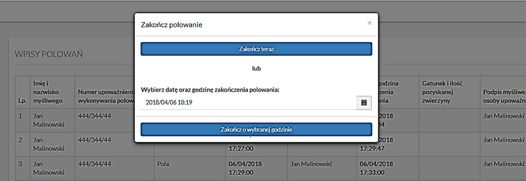 4. Zakończenie polowania oraz wpisanie rezultatu W celu zakończenia polowania należy przejść do swojego wpisu na stronie głównej oraz kliknąć