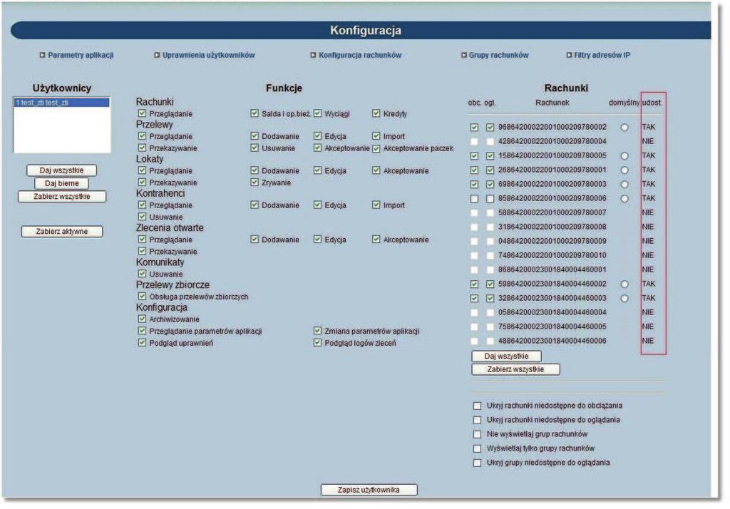 Rozdział 15 Konfiguracja W sekcji Rachunki prezentowana jest dodatkowo kolumna udost., dla której dostępne są wartości TAK lub NIE.