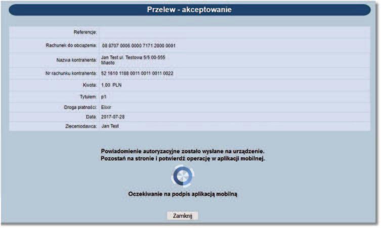 Rozdział 18 Urządzenia autoryzujące 2. System def3000/ceb prezentuje ekran informujący o wysłaniu dyspozycji do autoryzacji na aplikację mobilną Asseco MAA. 3.