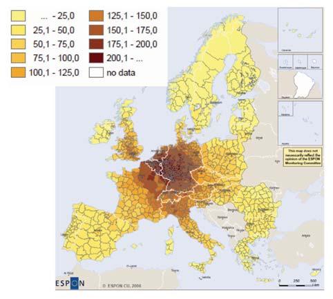 Rys. 3. Po ten cjal na do stęp ność pod re gio nów NTS 3 trans por tem dro - go wym w 2006 r. Źró dło: Ter ri to rial Dy na mics in Eu ro pe. Trends in Ac - ces si bi li ty.