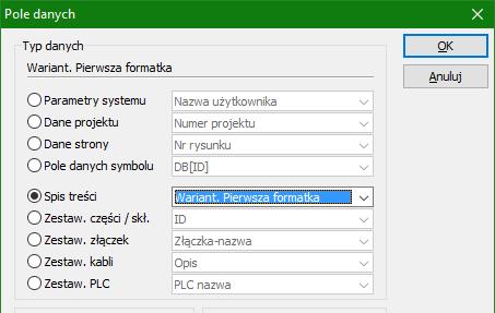 6.3.4 Spis treści W spisue treści mogą być teraz ujęte warianty dla formatek rysunkowych.