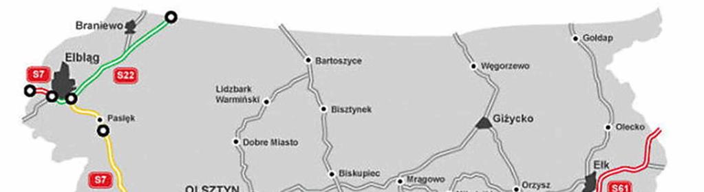 Poniższa mapa przedstawia stan budowy dróg szybkiego ruchu na terenie województwa warmińsko-mazurskiego.