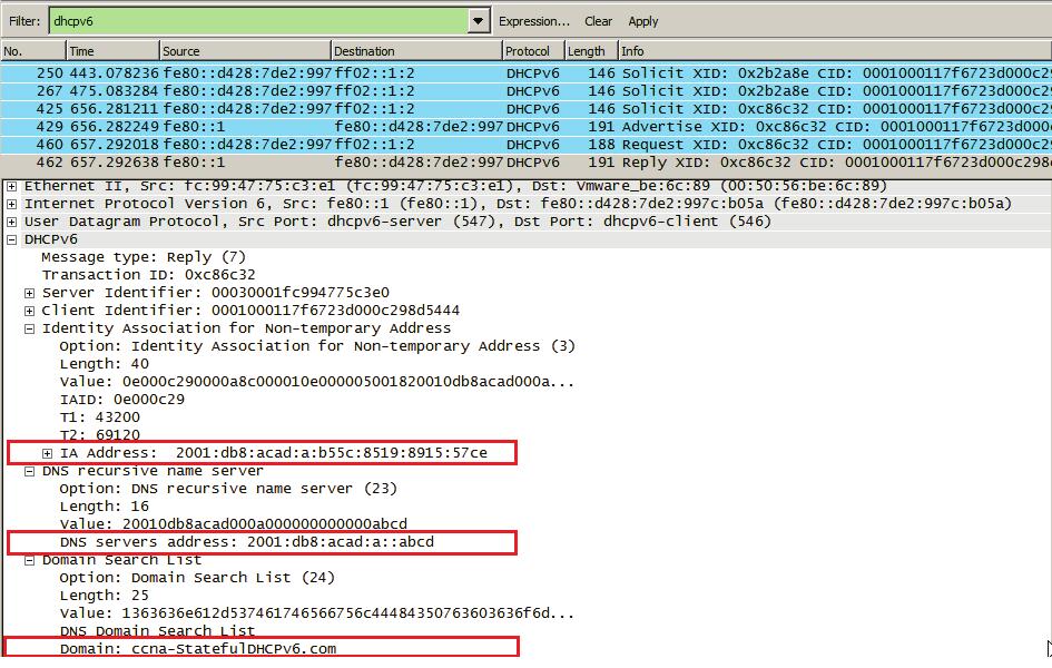 Upewnij się, że flaga Managed address configuration została ustawiona. c. W celu wyświetlenia tylko pakietów DHCPv6, zmień filtr w Wireshark, wpisując dhcpv6, a następnie Apply.