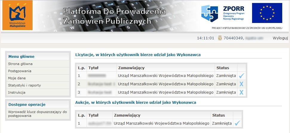 Rysunek 8: Strona główna aplikacji Zakończone postępowania nie są prezentowane na stronie głównej. Można je odnaleźć w zakładce moje dane-> postępowania archiwalne.