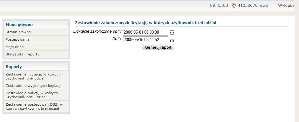 5.4.5. Generowanie raportów Po zakończonych postępowaniach można generować raporty (rysunek 14).