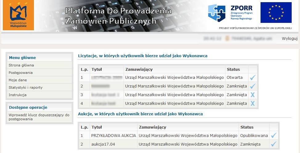 6.3 Udział w Aukcji Wyszukiwanie aukcji Po wpisaniu przez Wykonawcę klucza przekazanego przez Zamawiającego, aukcja do której został zaroszony Wykonawca, jest widoczna na stronie głównej.