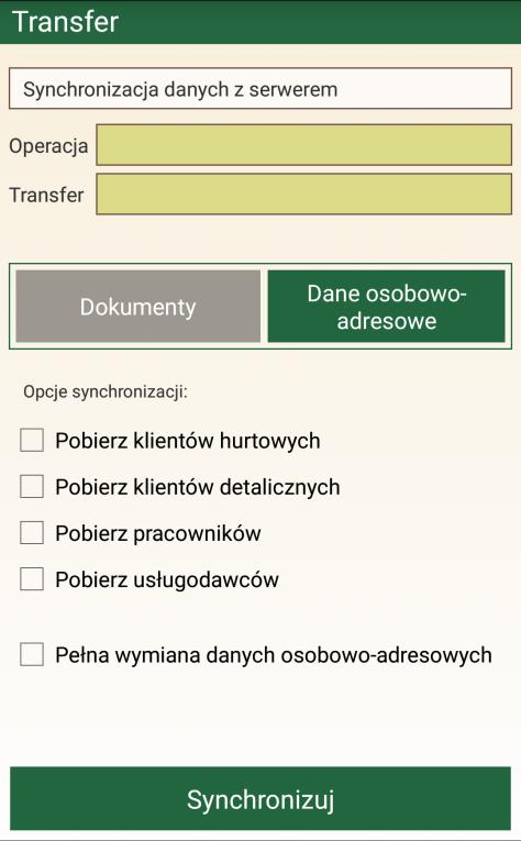 2.5. Menu Transfer W tym menu możemy synchronizować dane na urządzeniu z bazą główną. W tym celu należy w menu Transfer kliknąć Synchronizuj.