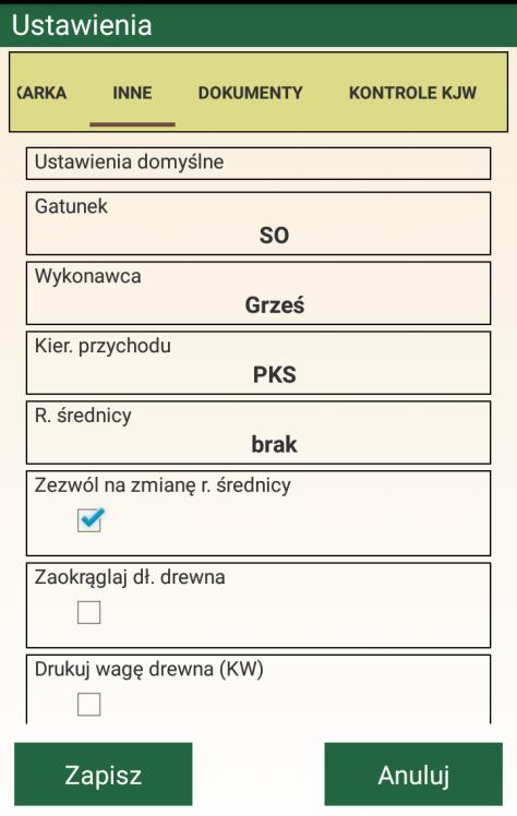 4. Inne Domyślne ustawienia, które będą automatycznie wstawione w poszczególne pola podczas sporządzania ROD-u oraz włączanie wydruku dodatkowych informacji na dokumentach rozchodowych (Rys. 6).