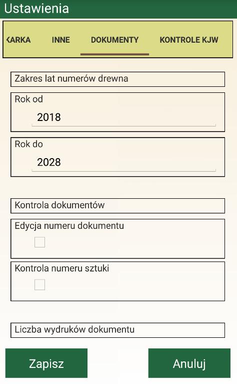 Ponad to w zakładce tej ustawiamy zakres lat do kontroli numerów drewna wprowadzanych na ROD. Na końcu ustawiamy dopuszczalną liczbę wydruku poszczególnych dokumentów (Rys.8a ). Rysunek 8.