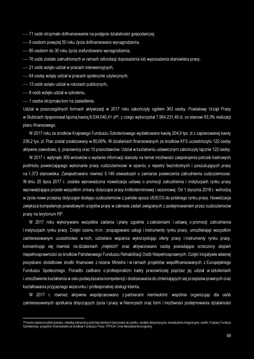 71 osób otrzymało dofinansowanie na podjęcie działalności gospodarczej, 9 osobom powyżej 50 roku życia dofinansowano wynagrodzenia, 85 osobom do 30 roku życia zrefundowano wynagrodzenia, 76 osób