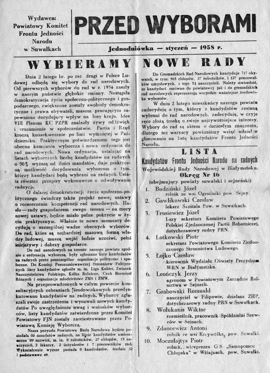 46 Dr Czesław Gawlikowski (1899-1984) lekarz, oficer, społecznik Ryc. 2. Kandydaci na radnych 1958 r. dr Gawlikowski musiał zrezygnować ze swoich planów 88.