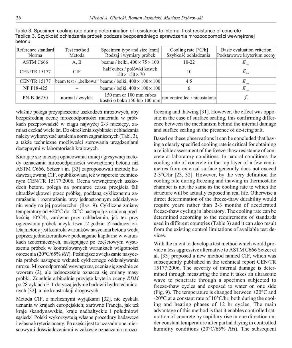 36 Michał A. Glinicki, Roman Jaskulski, Mariusz Dąbrowski Table 3. Specimen cooling rate during determination of resistance to internal frost resistance of concrete Tablica 3.