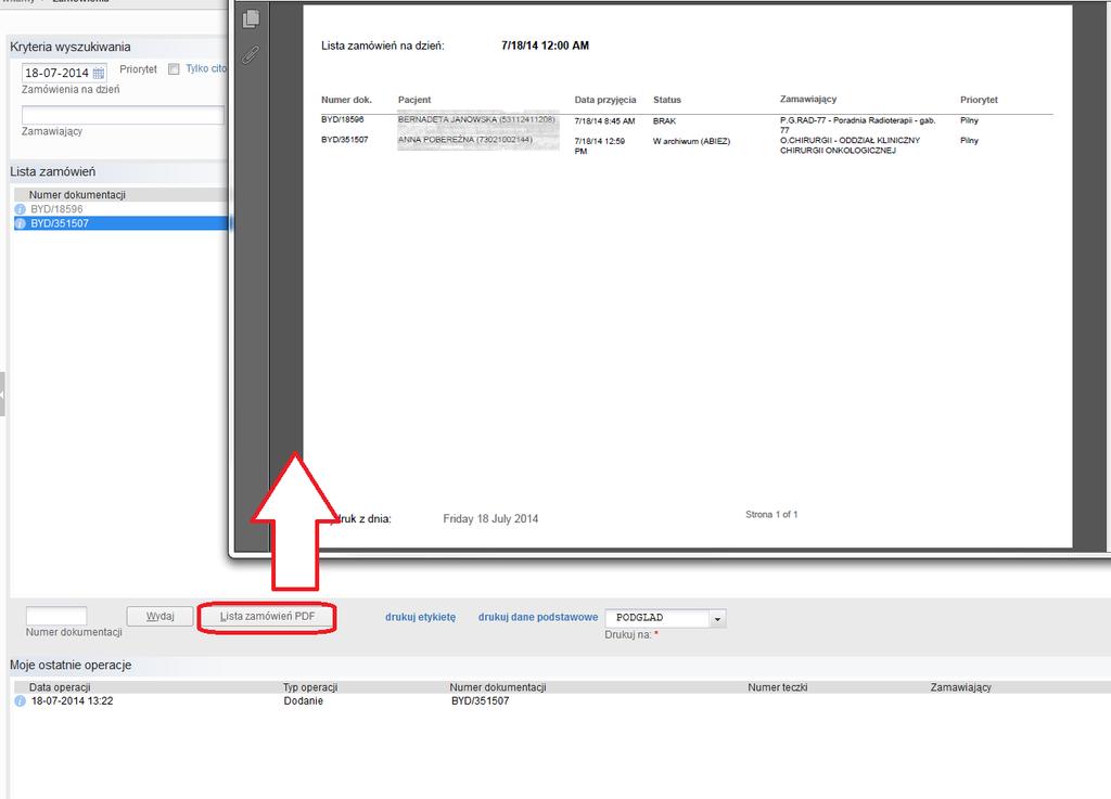 należy wybrać przycisk "Lista zamówień PDF", który