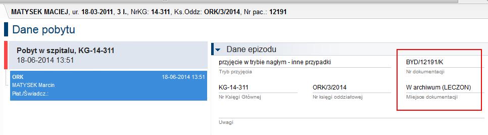 Rysunek 38 Informacje o dokumentacji w oknie danych pobytu pacjenta 14