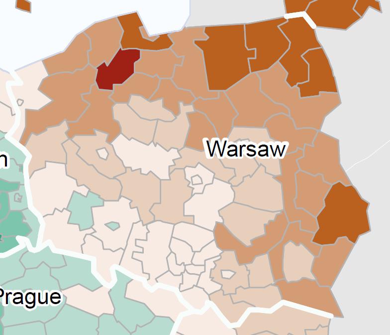 Długość autostrad na km 2 w poszczególnych województwach Polski woj.