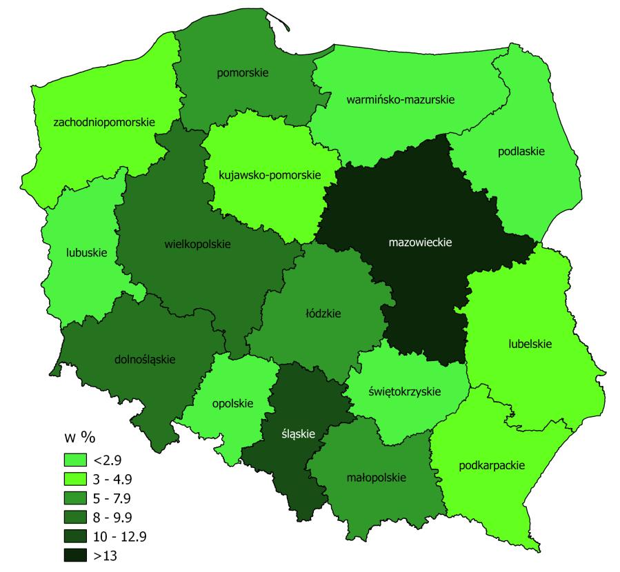 Na pierwszych dwóch miejscach pod względem udziału w tworzeniu PKB w latach 2010-2015 niezmiennie pozostawały województwa mazowieckie i śląskie.