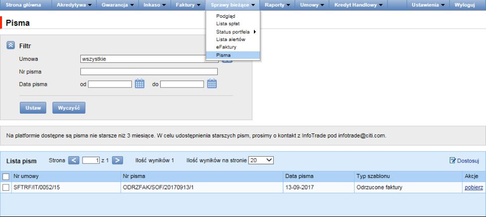 4. Pisma/potwierdzenia Formatka umożliwia dostęp do oświadczeń udostępnionych w