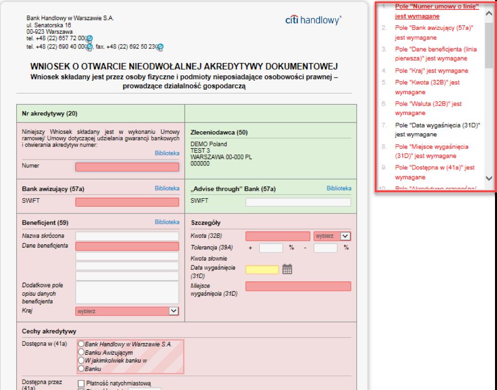 Błędy blokujące na liście błędów oznaczone są czcionką czerwoną, a ostrzeżenia czarną.