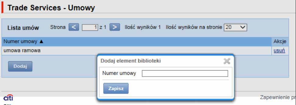 Naciśnięcie guzika Dodaj powoduje pojawienie się pop up a do wprowadzenia numeru umowy.