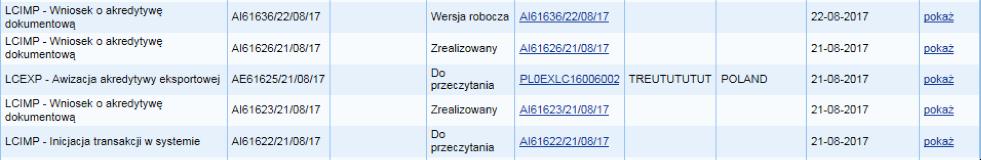 Po naciśnięciu linku w kolumnie W ramach dostępne są szczegóły transakcji lub szczegóły konwersacji.