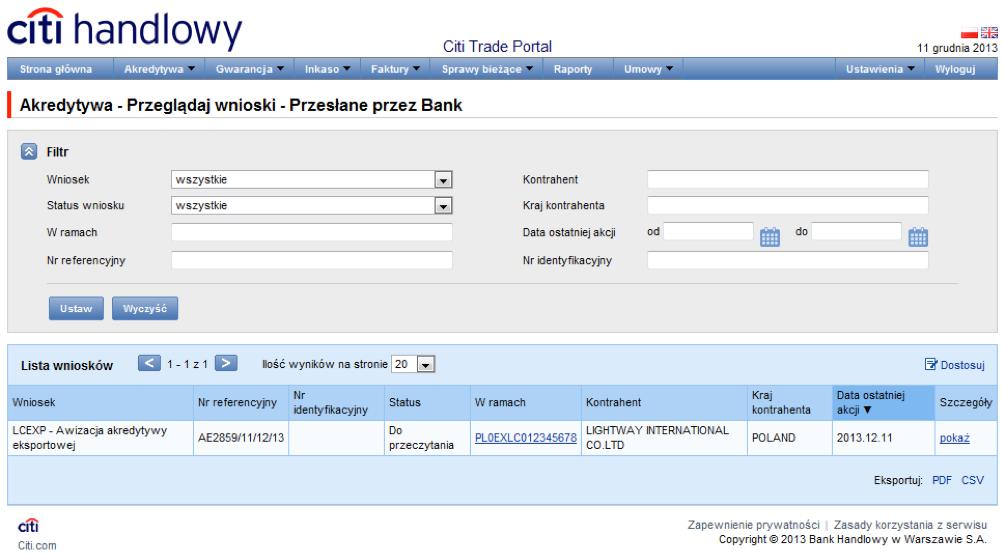 dokonuje awizacji tej akredytywy, załączając jej warunki (kopię komunikatu SWIFT MT700).