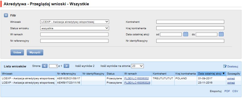 Wyszukiwanie wniosków może być tu przeprowadzane na podstawie następujących kryteriów: nazwa wniosku, status wniosku, powiązanie z konwersacją/transakcją, nazwa i kraj kontrahenta, zakres dat