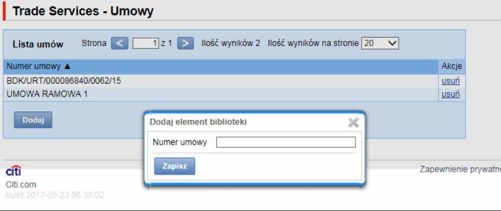 Naciśnięcie guzika Dodaj powoduje pojawienie się pop up a do wprowadzania numeru rachunku.