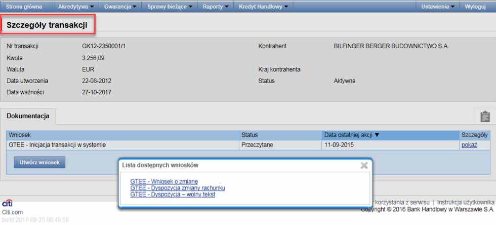 oznacza, że wniosek funkcjonuje w ramach konwersacji. Kliknięcie w link powoduje wyświetlenie formatki Szczegóły konwersacji.